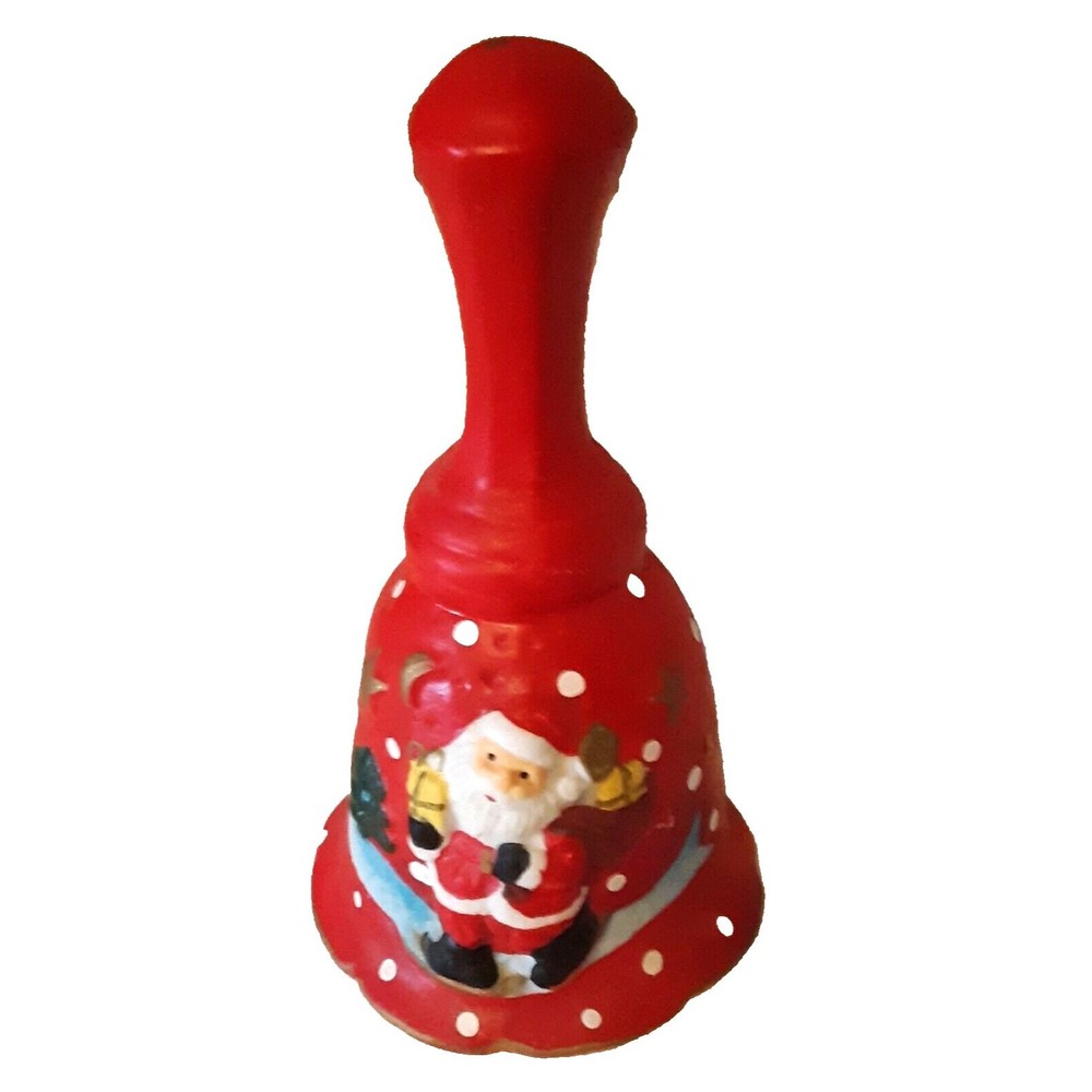 Handpainted Ceramic Bell Santa Skating With Presents Matte Finish Christmas Snow